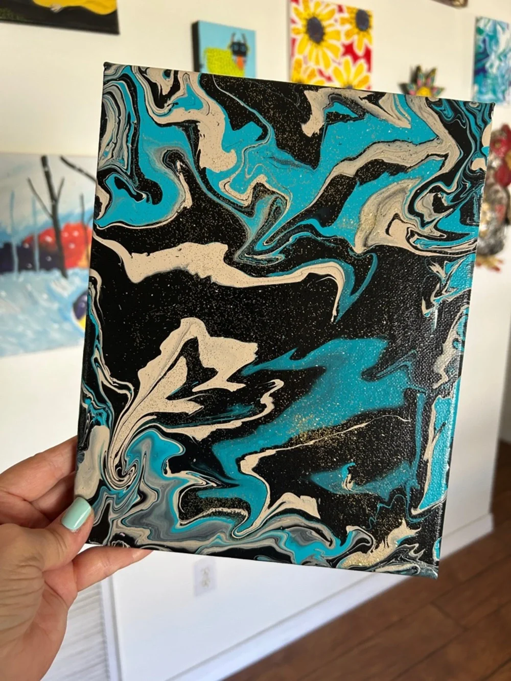 abstract Art NEW black tan teal and glitter wall decor made by me pour painting